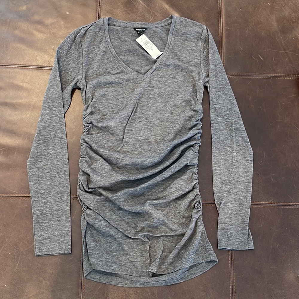 Ann Taylor charcoal gray sweater with flattering ruching